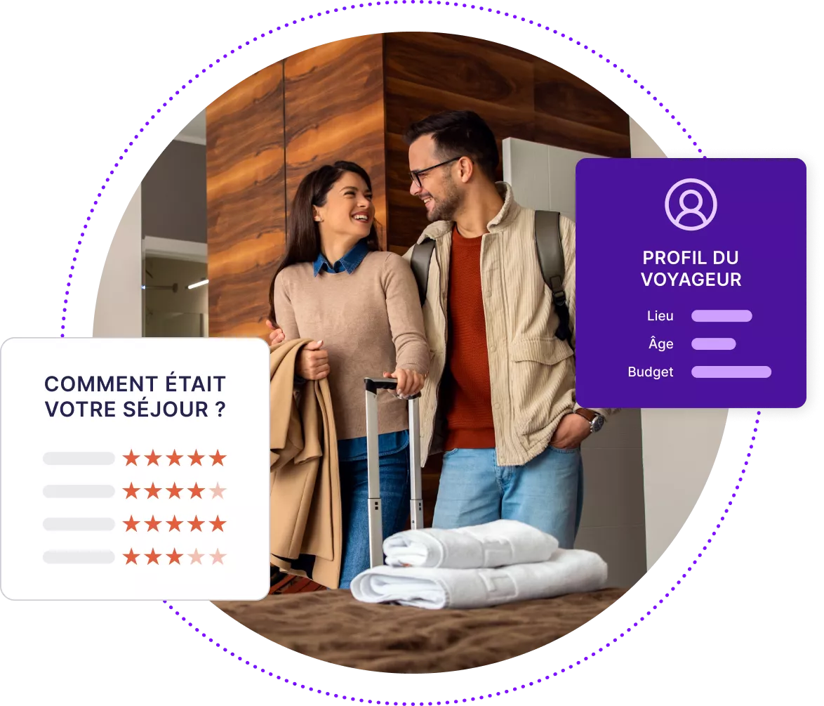 Un couple entre dans une chambre d'hôtel avec des cases pour évaluer leur séjour