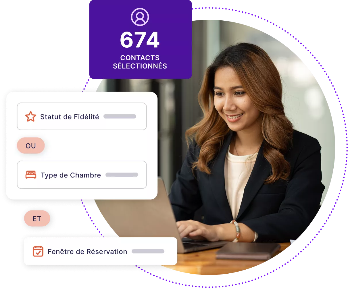 Femme d'affaires utilisant un ordinateur portable et créant une campagne d'e-mail automatisée.