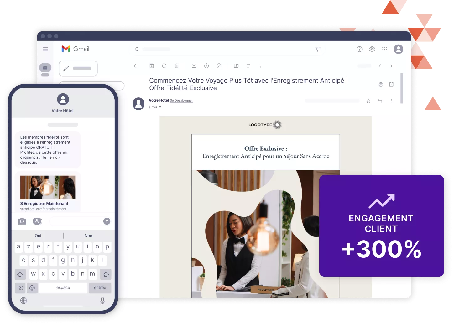 Une maquette d'e-mails et de textes promotionnels provenant d'un hôtel