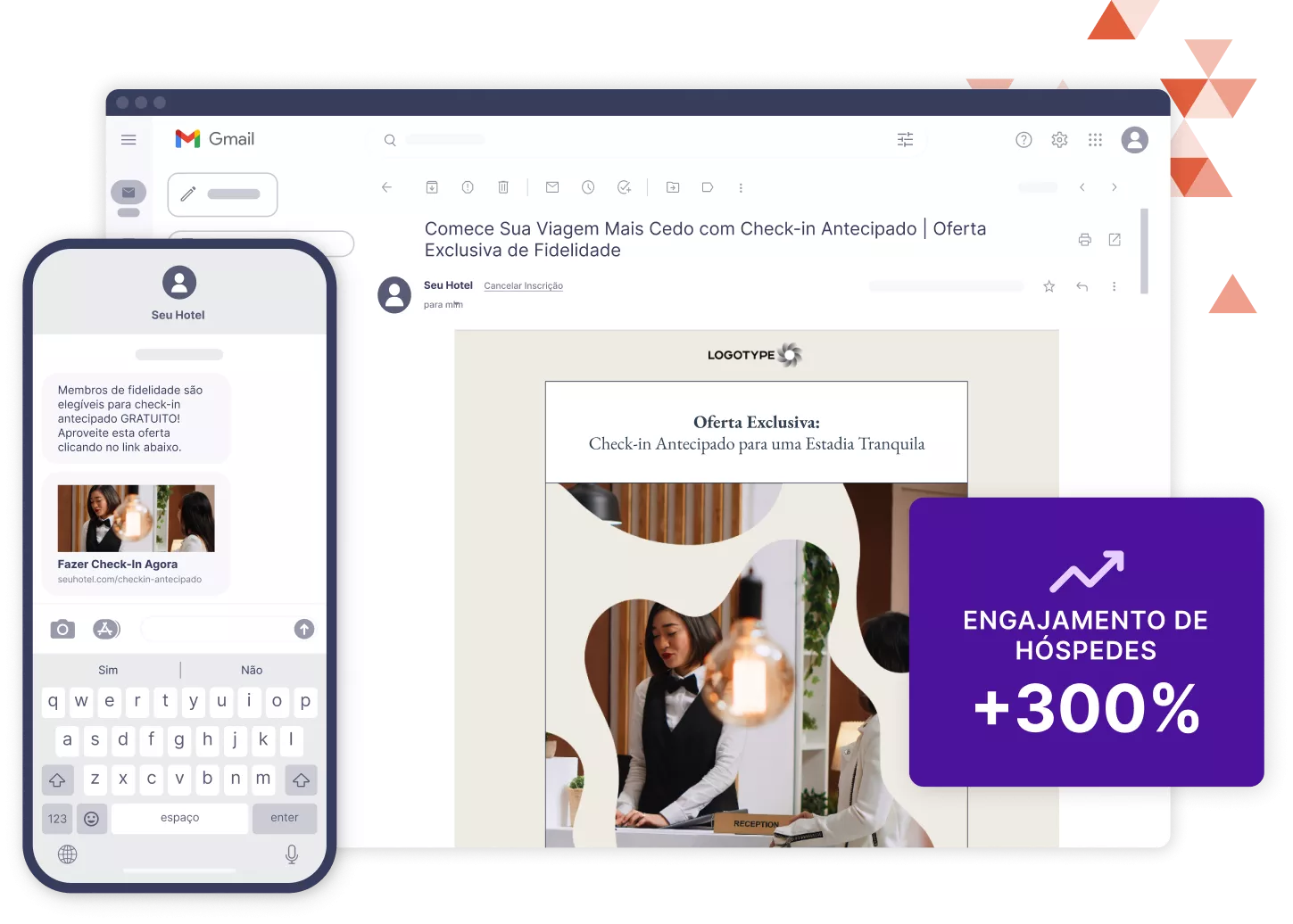Uma maquete de e-mails e textos promocionais de um hotel