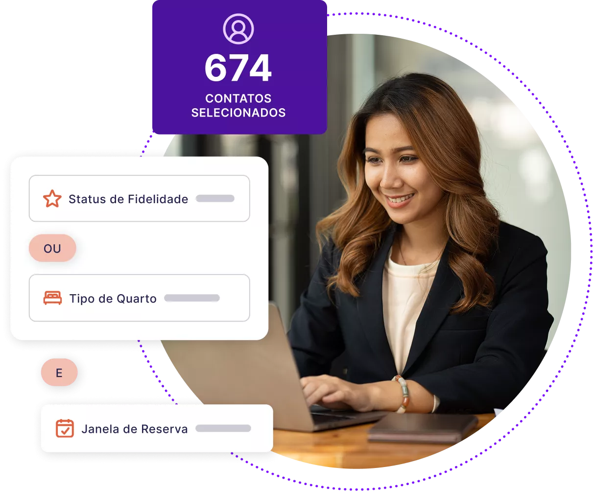 Mulher de negócios usando um laptop e criando uma campanha de e-mail automatizada.