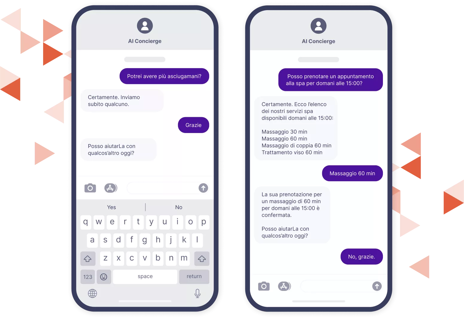 Mockup di due telefoni cellulari che mostrano lo scambio di testo AI con Hotel Smart Concierge.