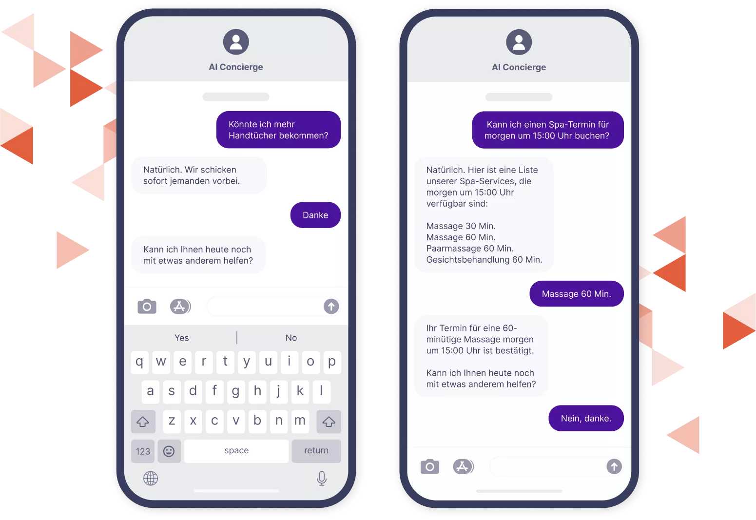 Modell von zwei Mobiltelefonen, die den KI-Textaustausch mit dem Hotel Smart Concierge zeigen.