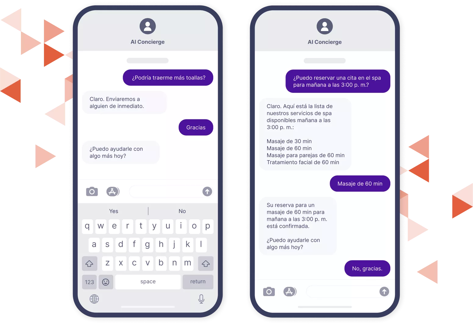 Mockup de dos celulares mostrando intercambio de texto AI con Hotel Smart Concierge.