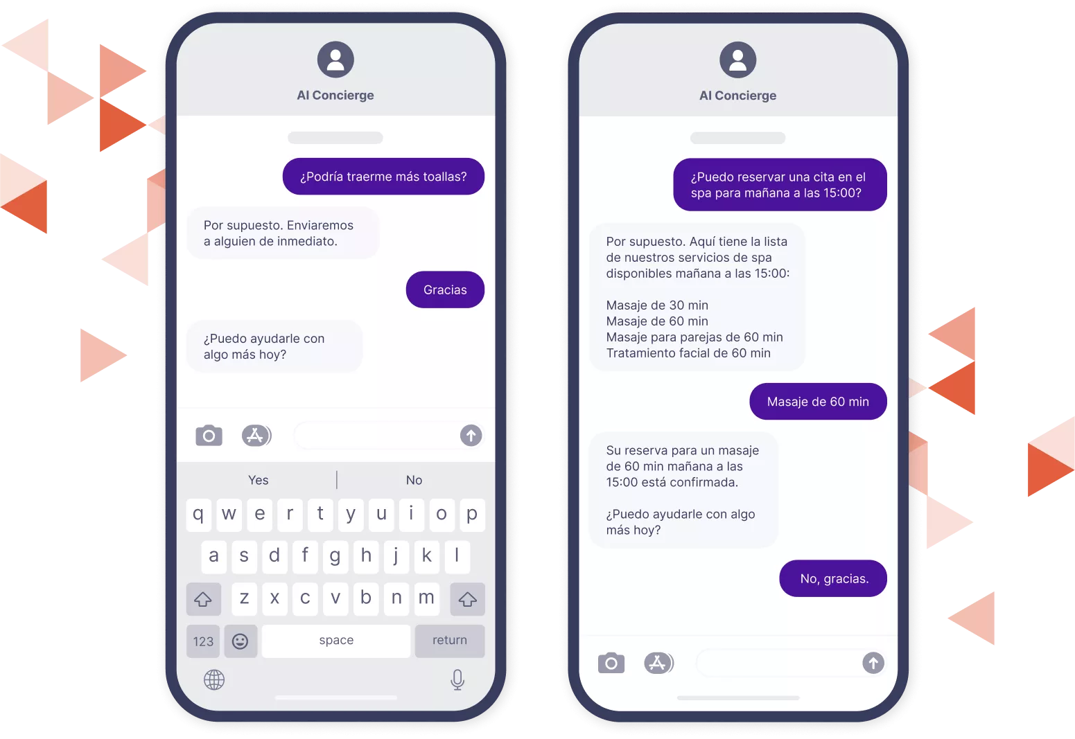Maqueta de dos teléfonos móviles que muestran el intercambio de texto mediante IA con Hotel Smart Concierge.