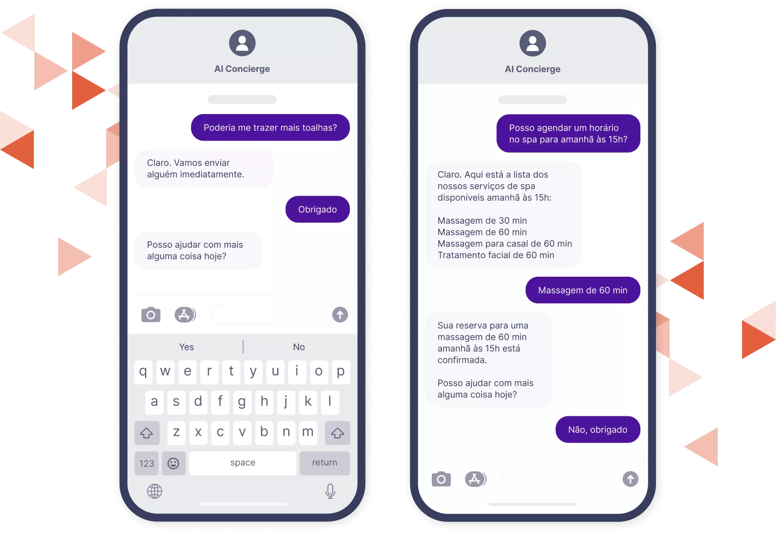 Maquete de dois telefones celulares mostrando a troca de texto por IA com o Hotel Smart Concierge.