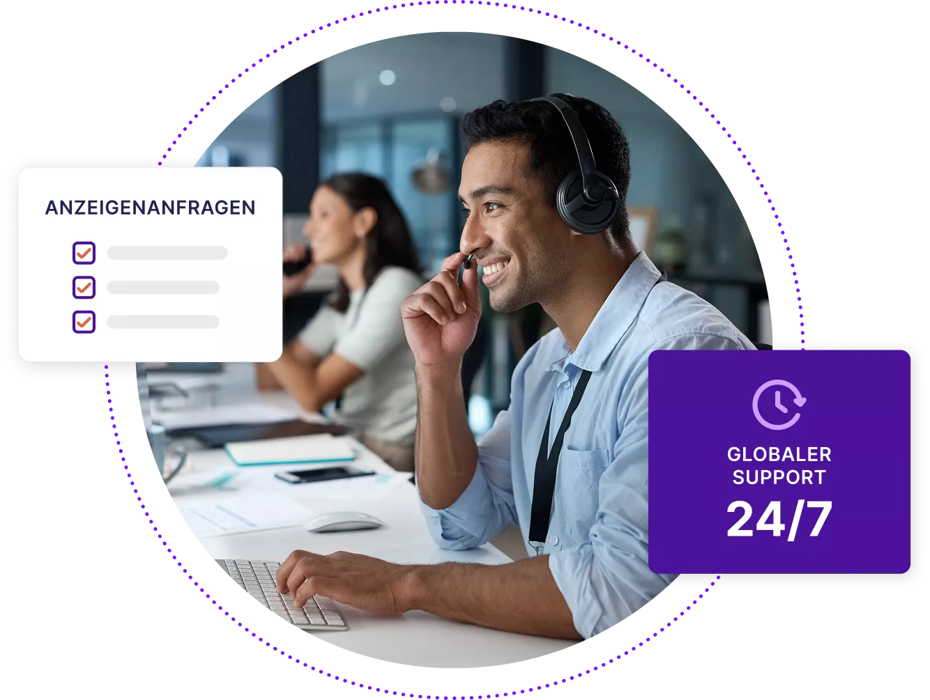 Ein Kundenbetreuer mit einem Headset, der lächelt und auf einen Computer schaut, mit Boxen mit abgeschlossenen Anzeigenanfragen und weltweiter Support rund um die Uhr