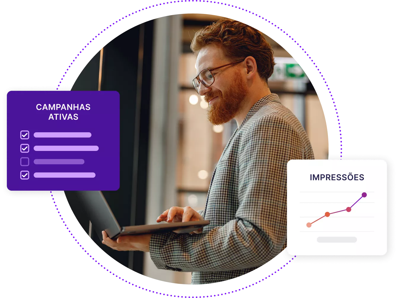 Profissional de marketing analisando dados em um laptop, mostrando uma lista de verificação com campanhas ativas e um gráfico mostrando o aumento de impressões