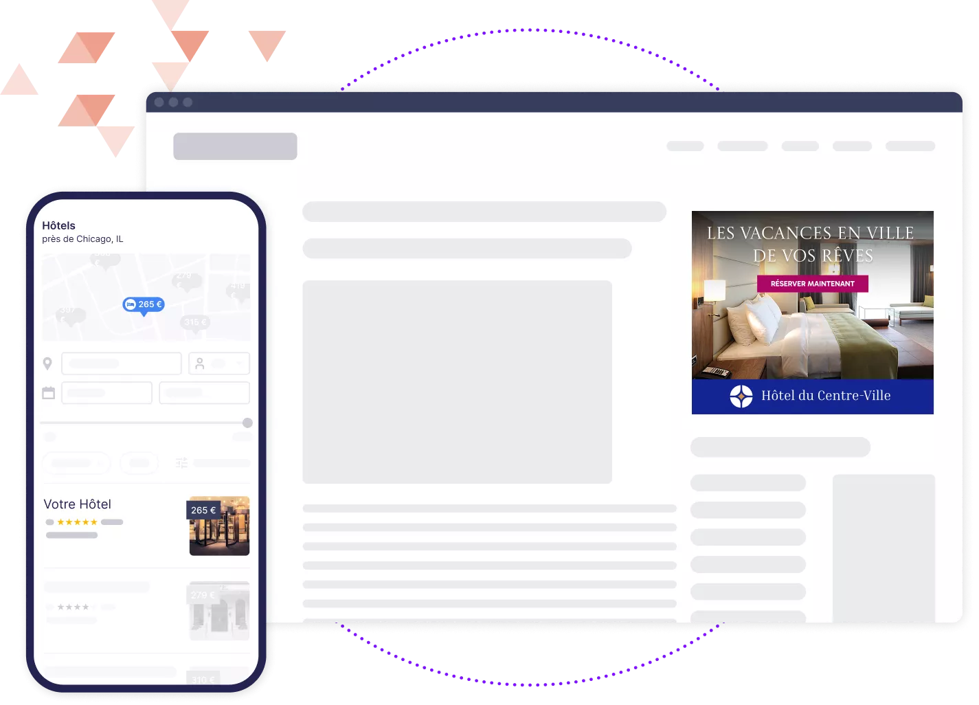 Maquette d'un navigateur et d'un téléphone mobile montrant différents canaux publicitaires numériques