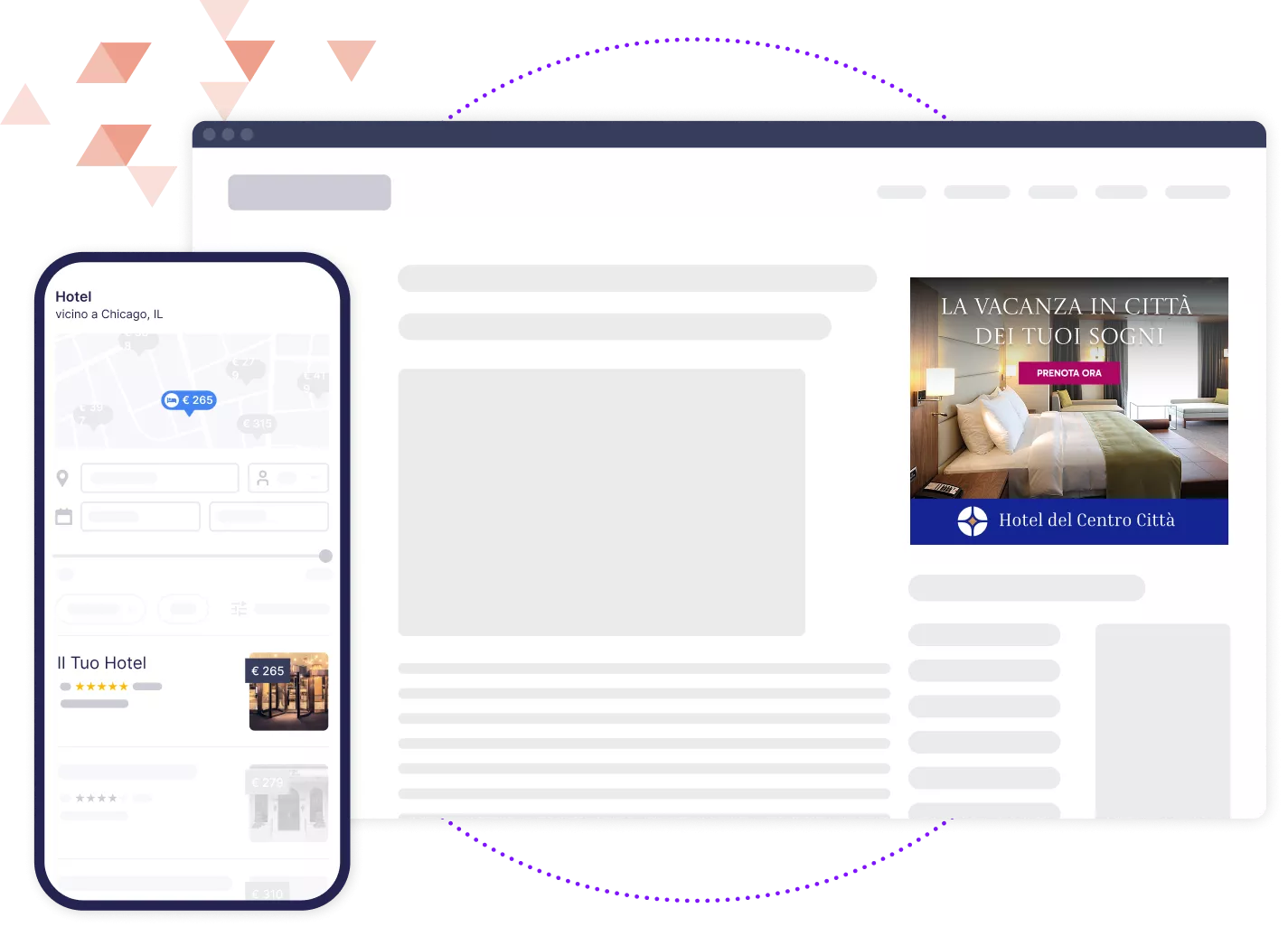 Modello di browser e telefono cellulare che mostra diversi canali pubblicitari digitali