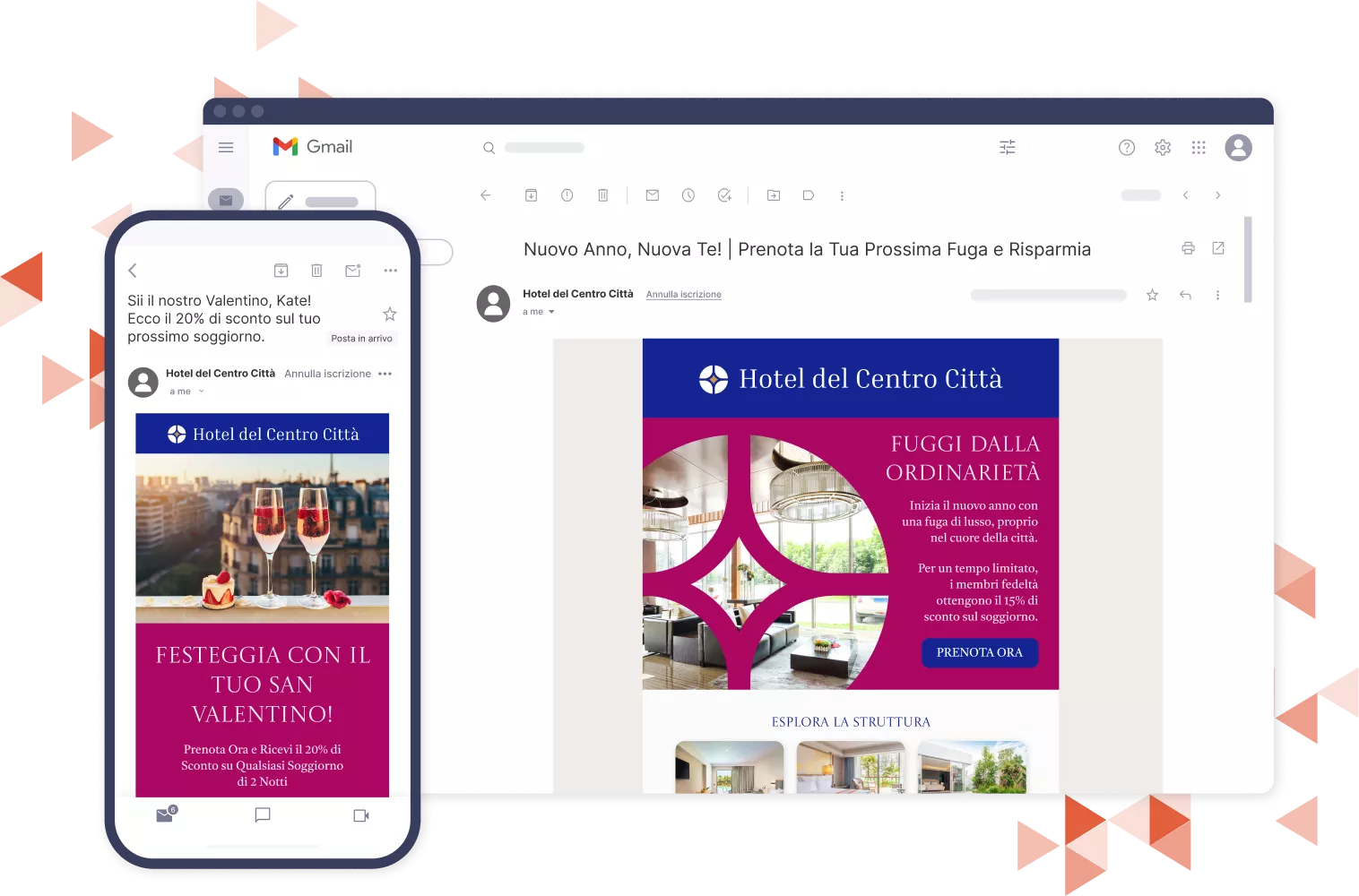 Prototipi di email di fidelizzazione telefoniche e desktop inviate da hotel