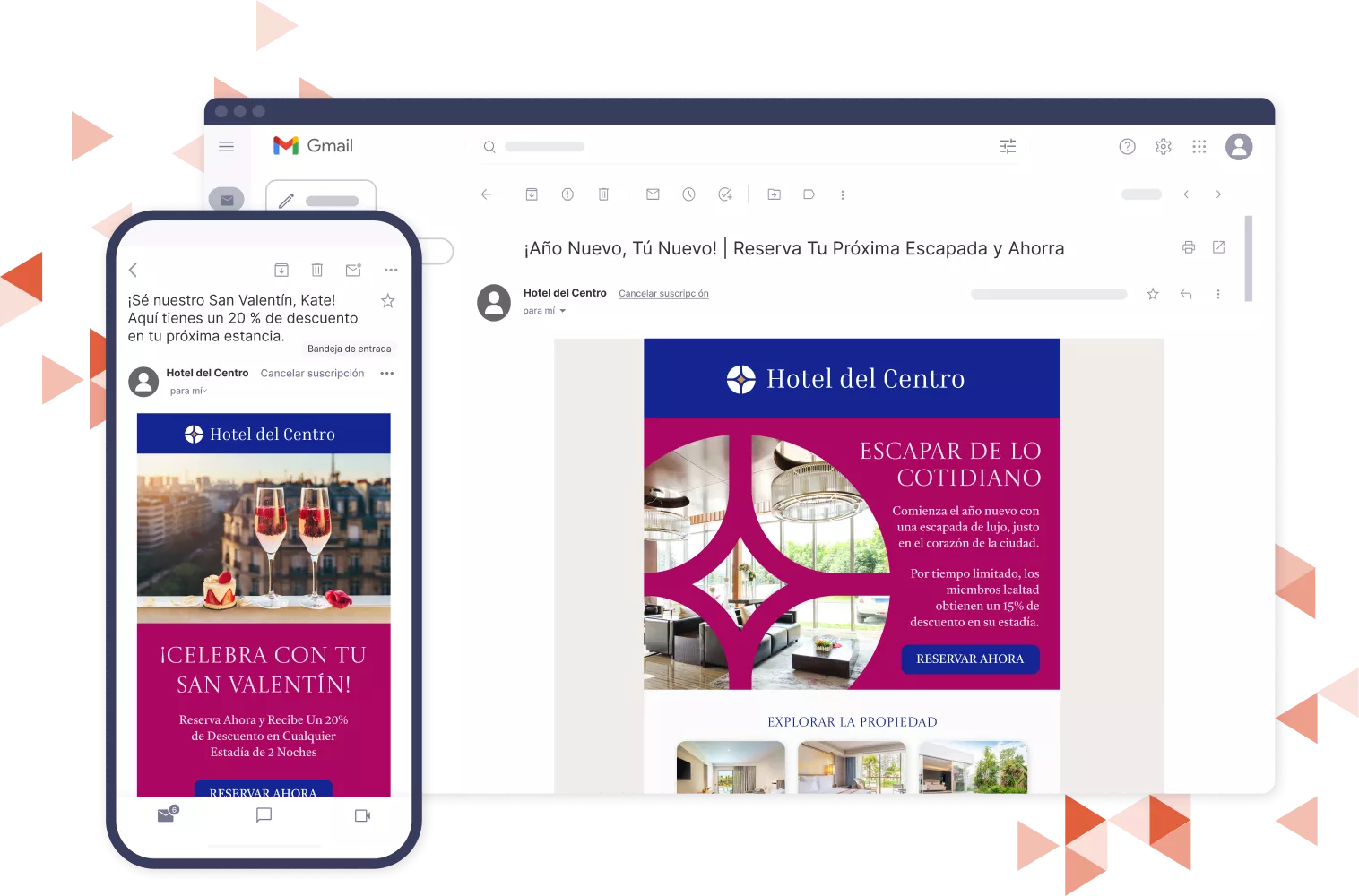 maquetas de correos electrónicos de fidelidad de teléfono y escritorio del hotel