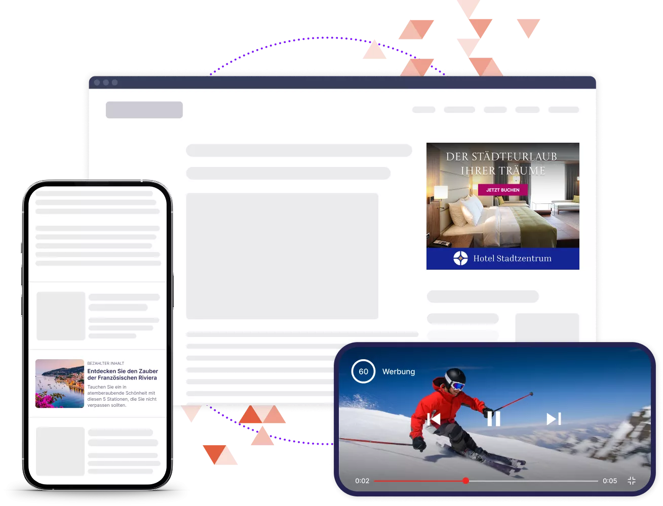 Mockups eines Browsers und zweier Mobiltelefone, auf denen verschiedene Arten von digitaler Werbung gezeigt werden