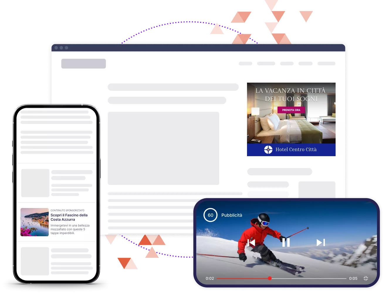 Prototipi di un browser e due telefoni cellulari che mostrano diversi tipi di annunci digitali