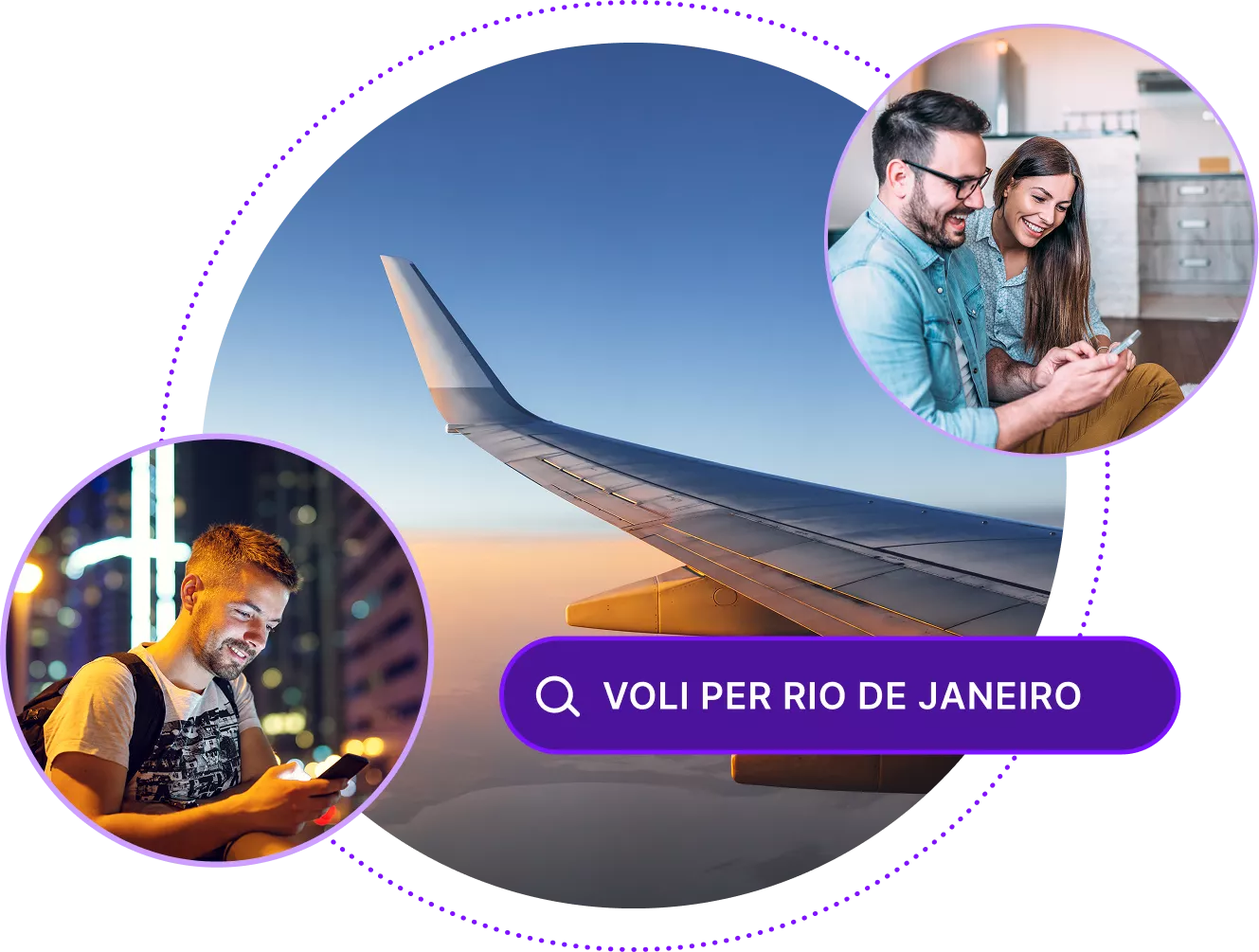 Vista dal finestrino di un aereo, con immagini di persone che utilizzano dispositivi e una barra di ricerca per «Idee di viaggio a Rio de Janiero»
