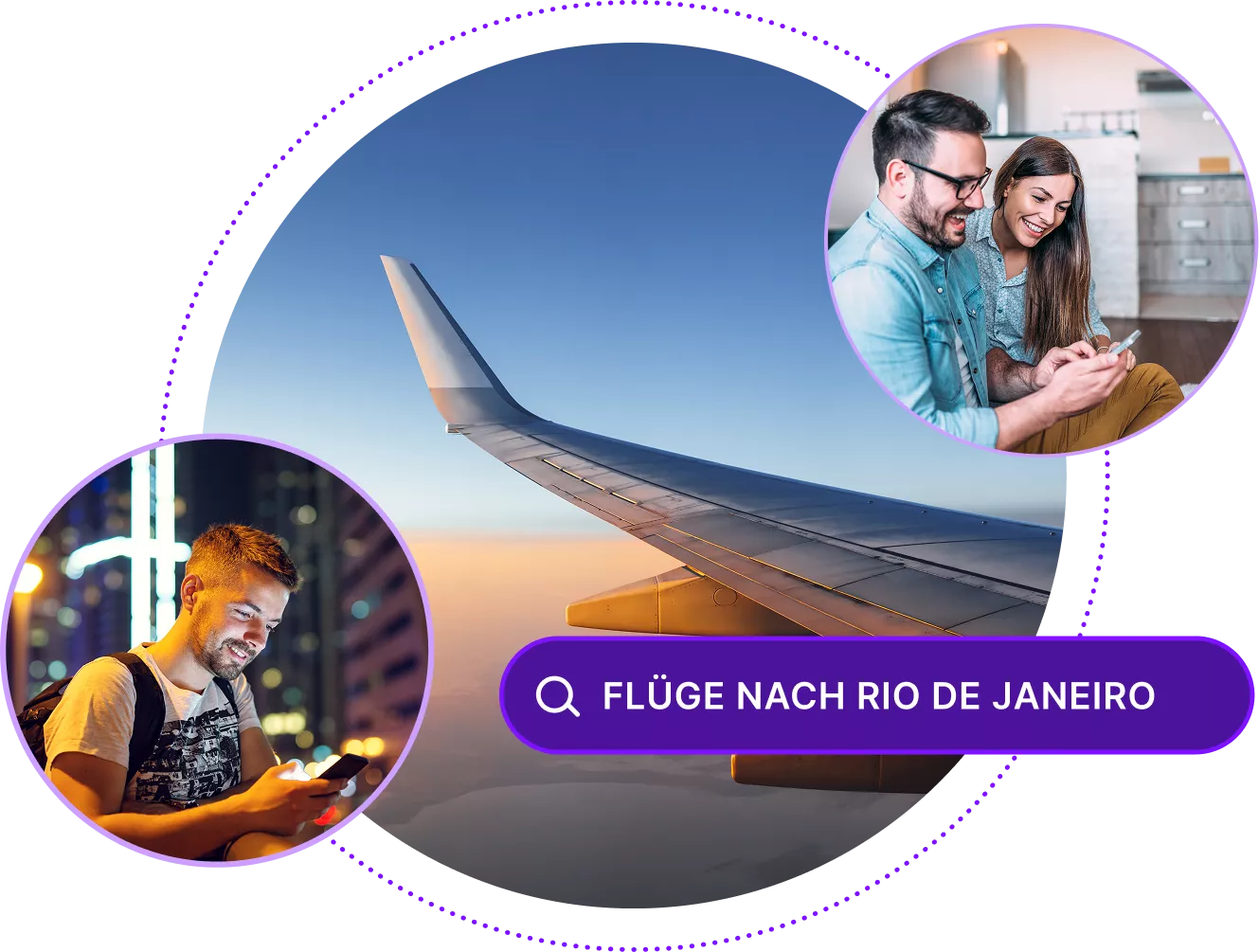 Blick aus einem Flugzeugfenster, mit Bildern von Personen, die Geräte benutzen, und einer Suchleiste für „Reiseideen für Rio de Janiero“