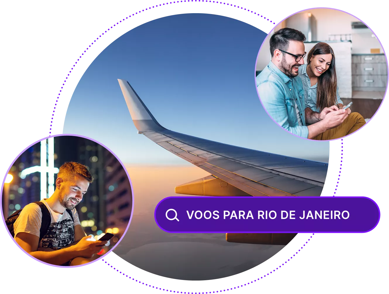 Vista da janela de um avião, com imagens de pessoas usando dispositivos e uma barra de pesquisa para “Ideias de viagem ao Rio de Janeiro”