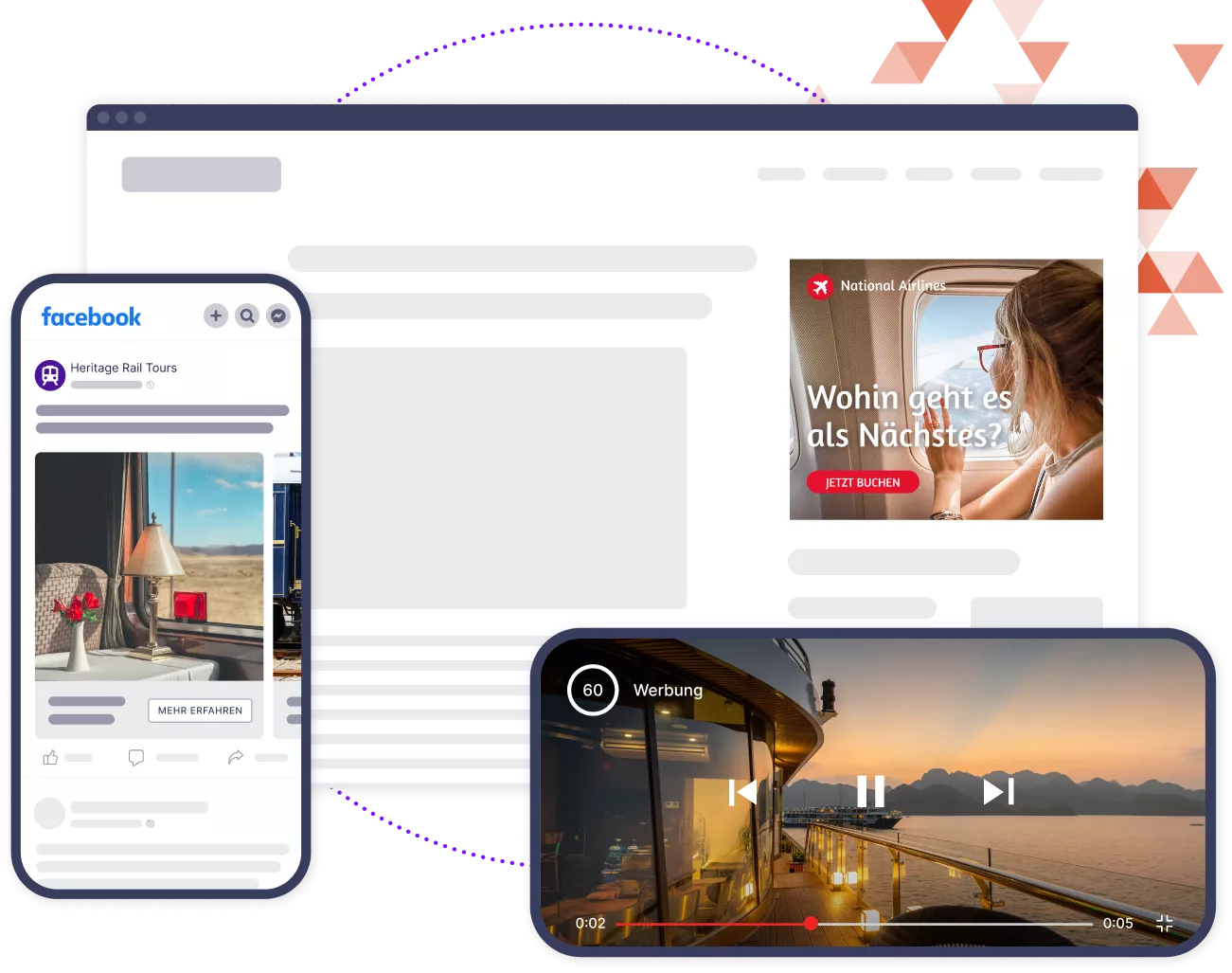 Modelle von Desktop-Browsern und Mobilgeräten mit verschiedenen Anzeigen für verschiedene Reisemarken