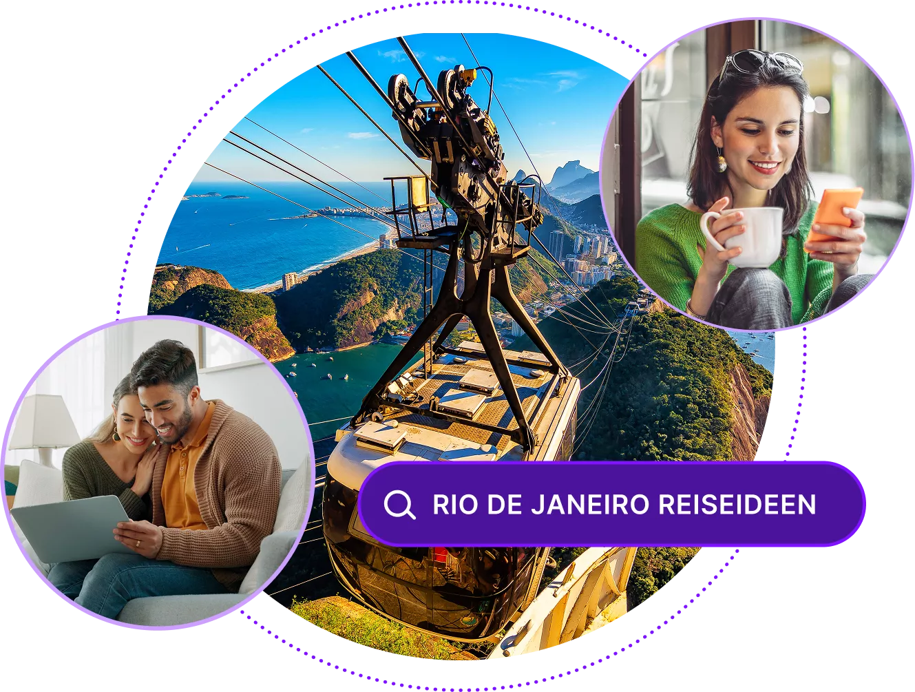 Bild einer Seilbahn in Rio de Janiero mit einem Suchfeld für „Reiseideen für Rio de Janiero“ und zwei Bildern von Reisenden, die auf ihren Geräten suchen