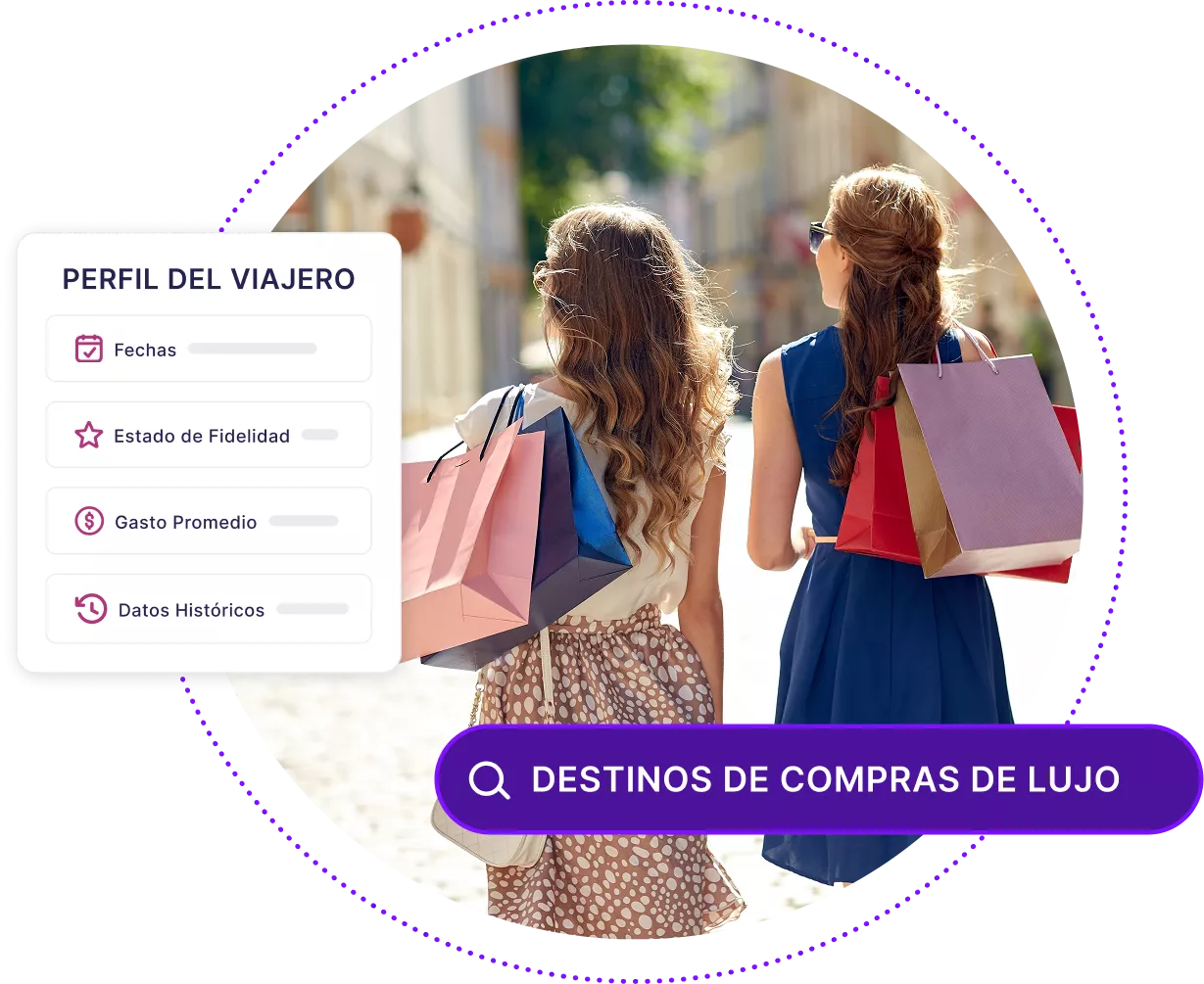 Dos mujeres que compran en una calle de la ciudad con una barra de búsqueda que muestra «destinos de compras de lujo» y un perfil de viajero abstracto