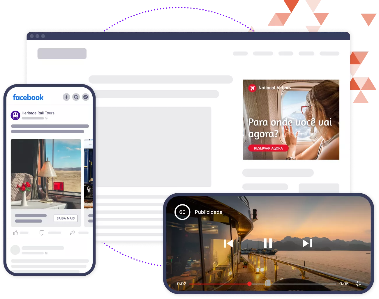 Maquetes de computadores, navegadores e dispositivos móveis exibindo vários anúncios de diferentes marcas de viagens