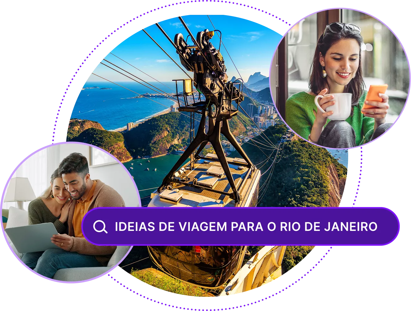 Imagem do teleférico no Rio de Janeiro com uma caixa de pesquisa para “Ideias de viagem ao Rio de Janeiro” e duas imagens de viajantes pesquisando em seus dispositivos