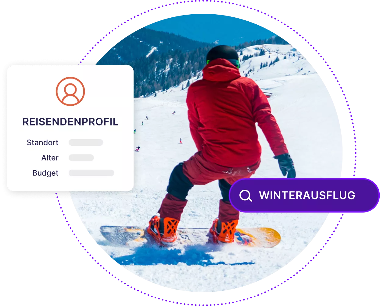 Person beim Snowboarden mit Suchleiste für „Winter Getaways“