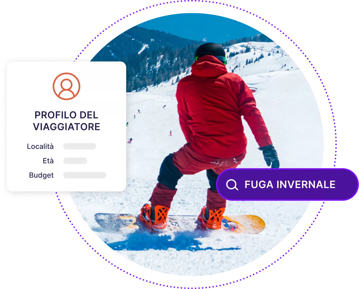 Persona che fa snowboard con barra di ricerca per «Winter Getaways»