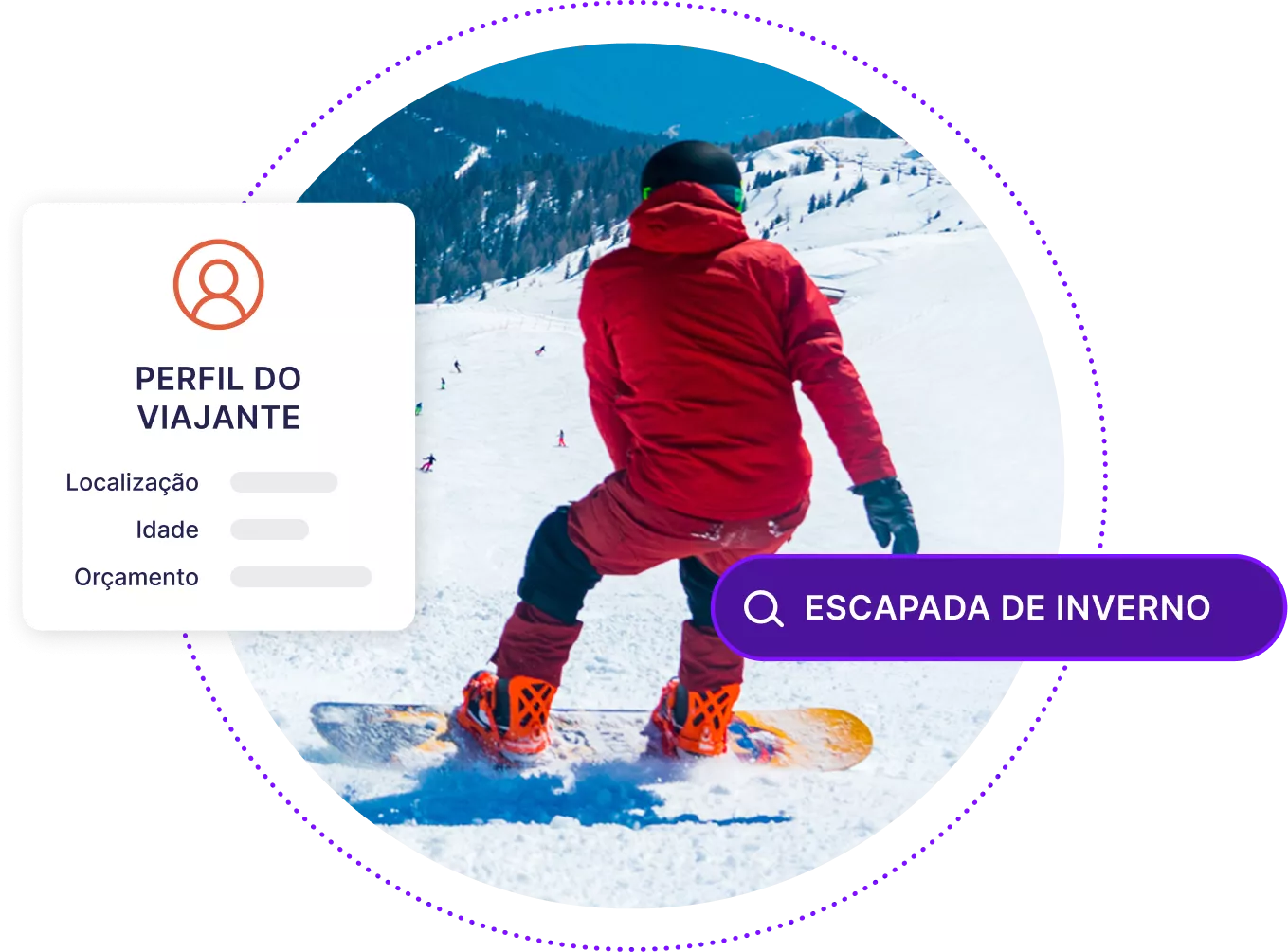 Pessoa praticando snowboard com barra de pesquisa para “Escapadinhas de inverno”