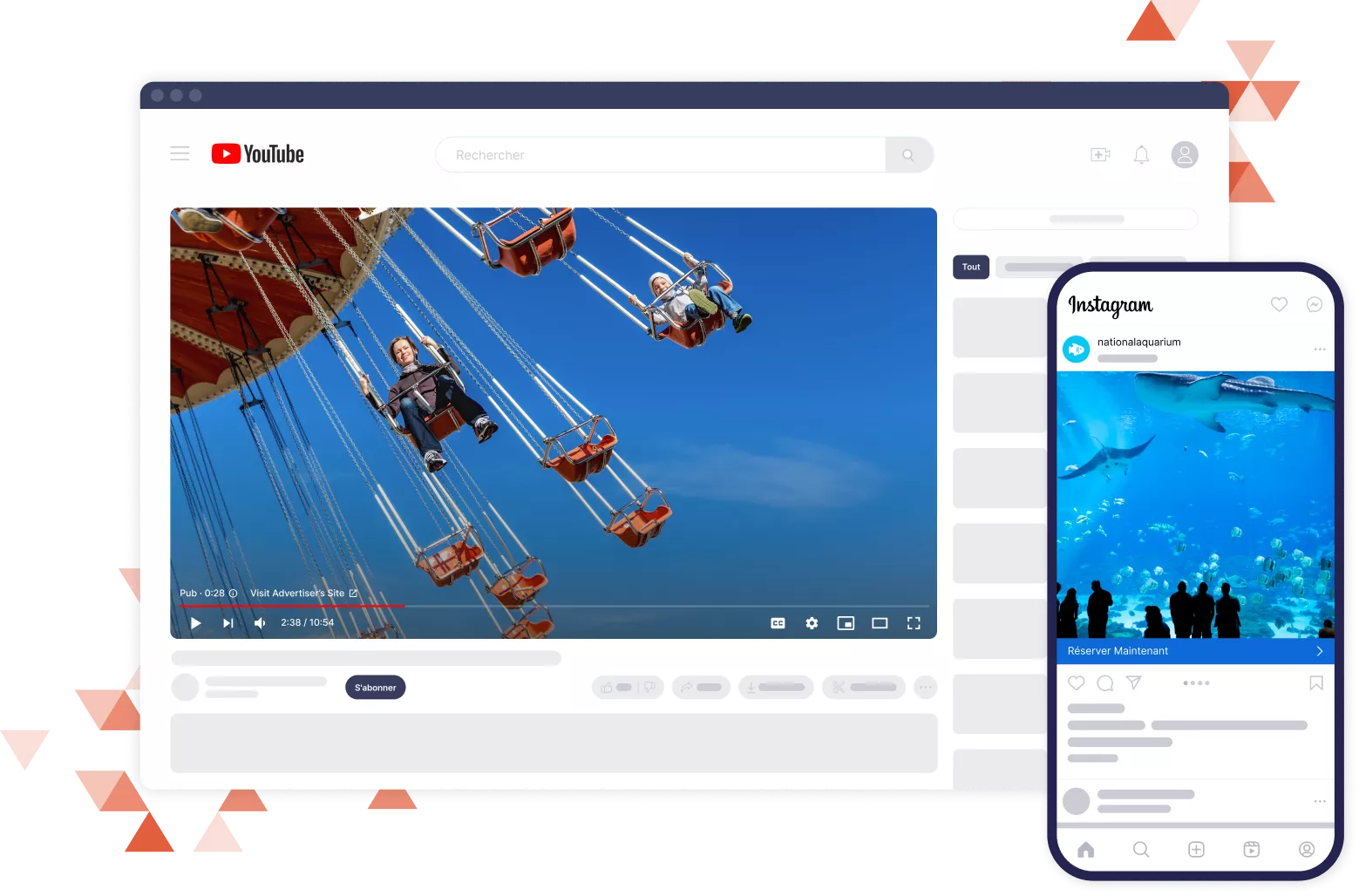 Navigateur de bureau et téléphone mobile diffusant une annonce vidéo et une publicité sociale 
