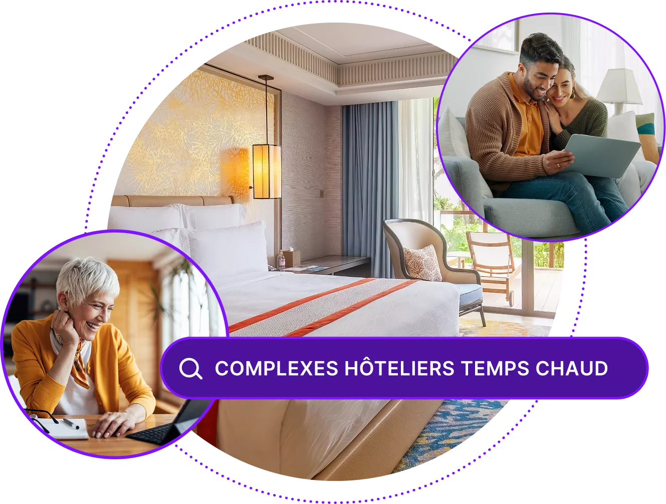 Vue d'une chambre d'hôtel de luxe, avec des images de personnes utilisant des appareils et une barre de recherche pour « stations balnéaires par temps chaud »