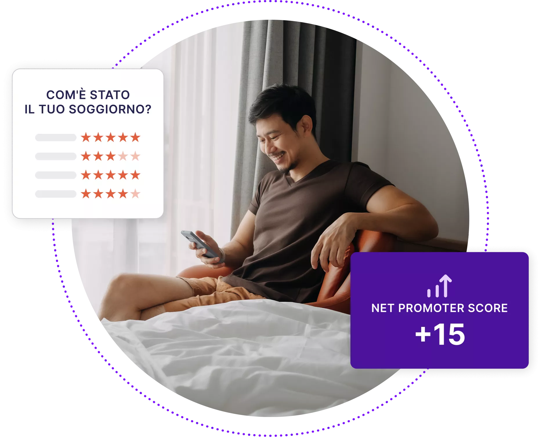 Uomo sorridente in camera d'albergo guardando il suo telefono