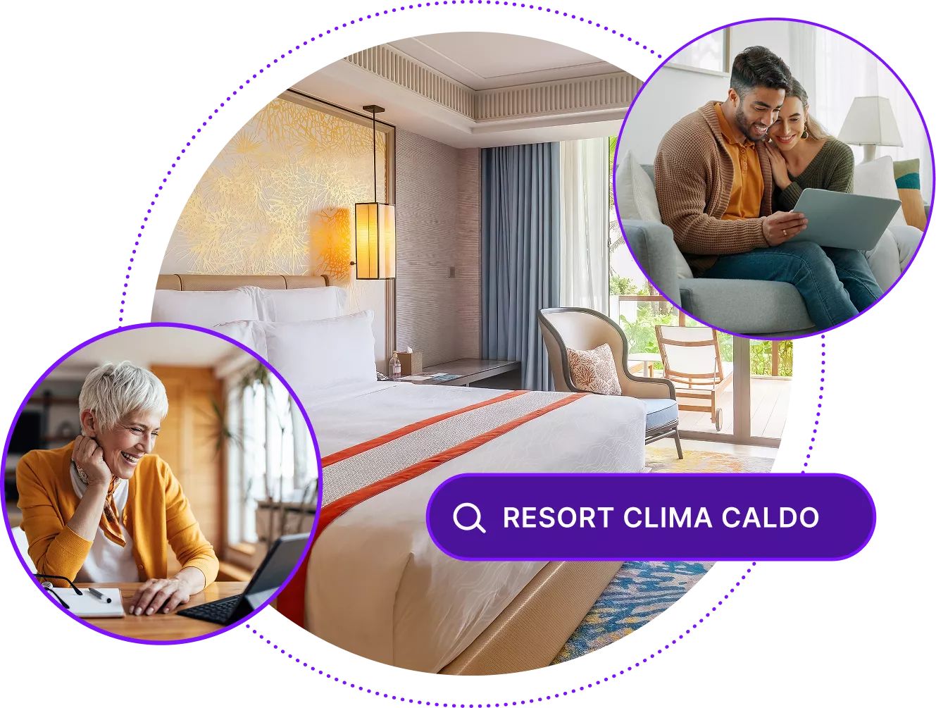 Vista di una camera d'albergo di lusso, con immagini di persone che utilizzano dispositivi e una barra di ricerca per «Località climatiche calde»