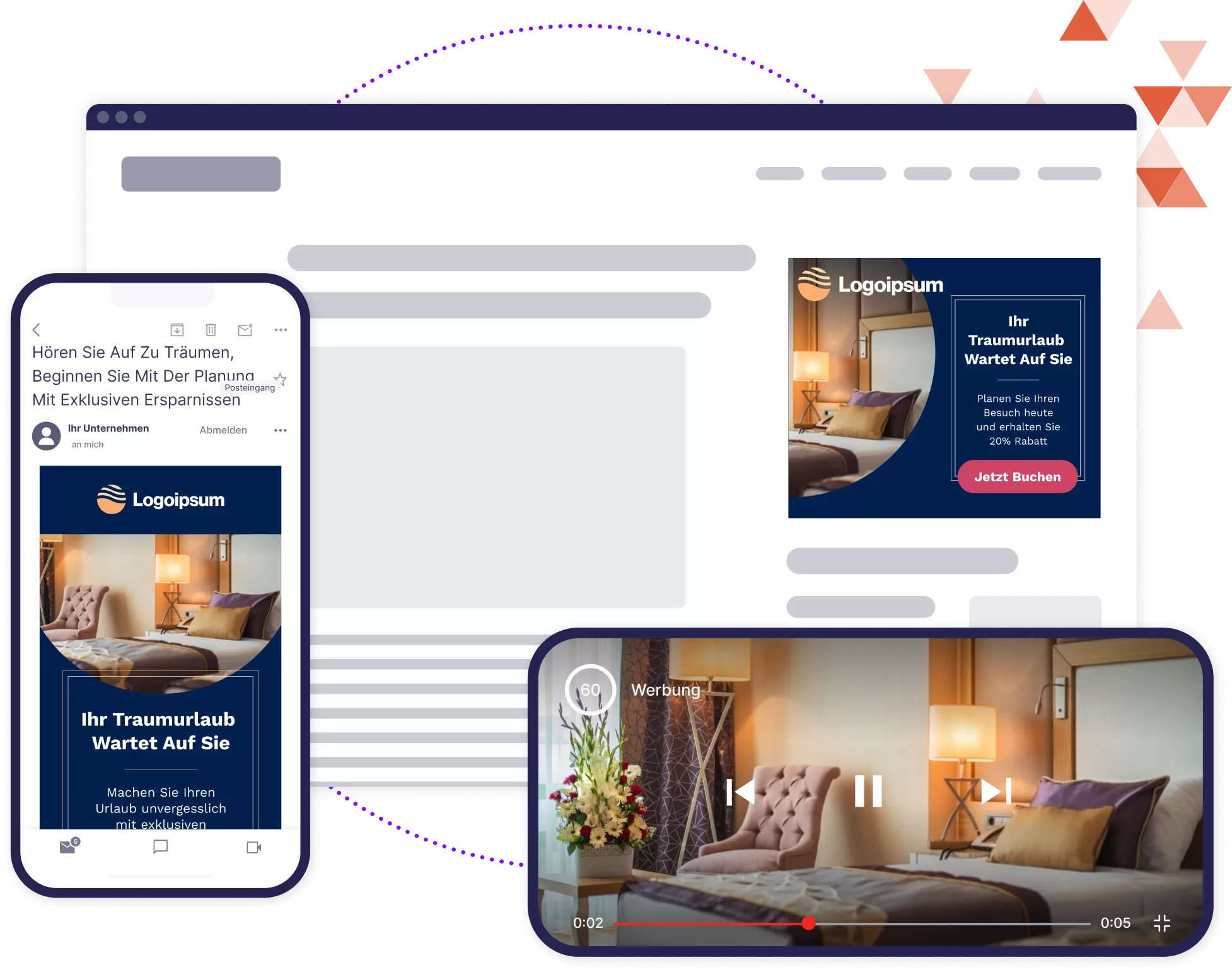 Mockups von Webbrowsern und Mobilgeräten, auf denen Display/Banner-, Video- und E-Mail-Anzeigen angezeigt werden