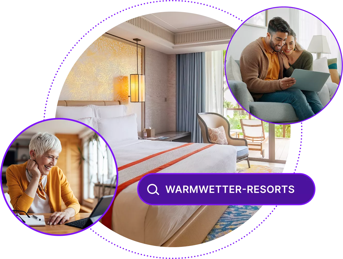 Ansicht eines Luxus Hotelzimmers mit Bildern von Personen, die Geräte benutzen, und einer Suchleiste für „Resorts mit warmem Wetter“