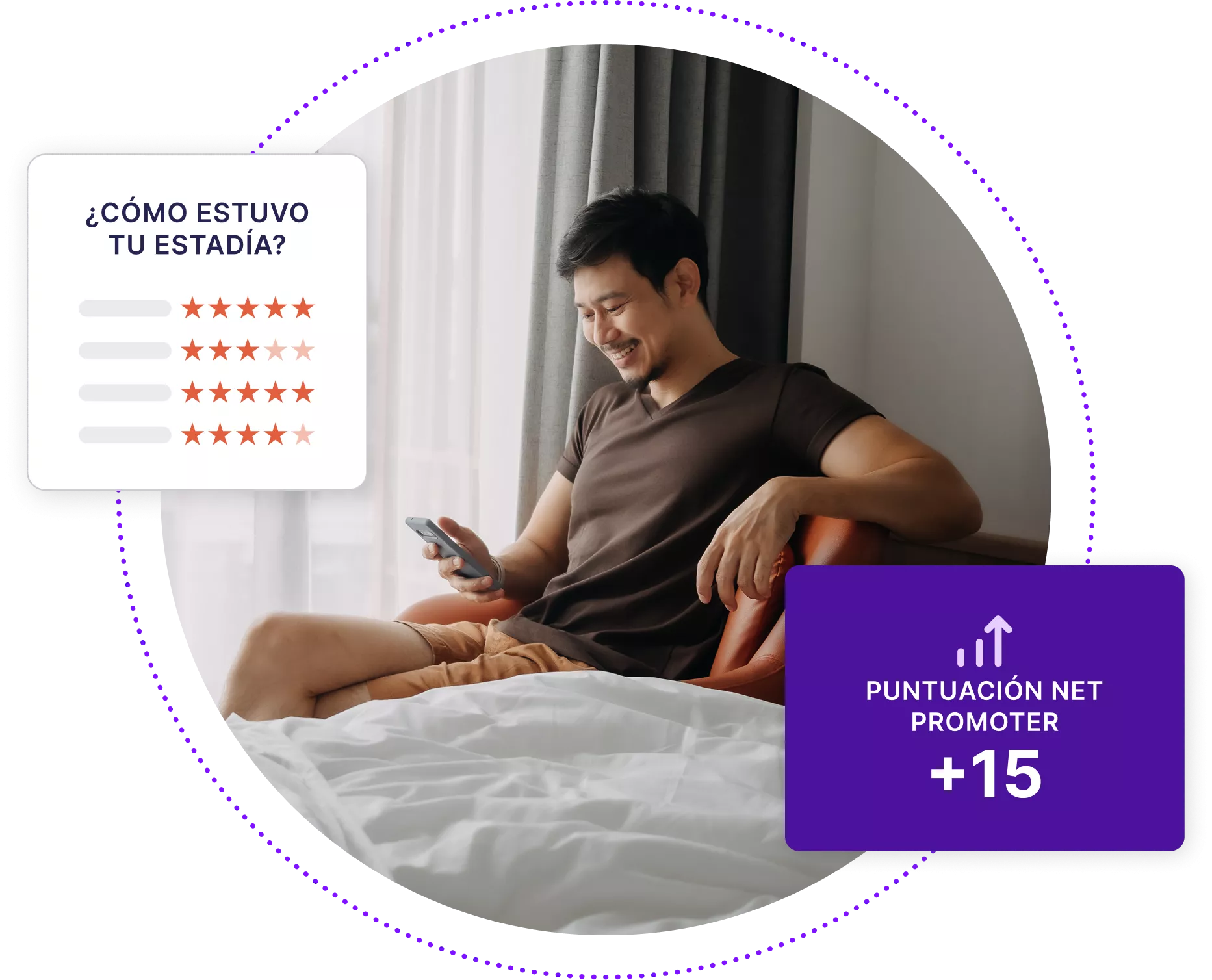 Hombre sonriente en habitación de hotel mirando su teléfono