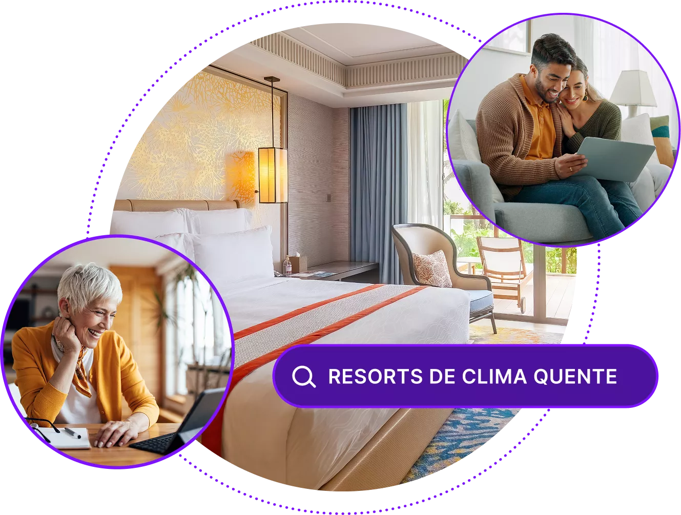 Vista de um quarto de hotel de luxo, com imagens de pessoas usando dispositivos e uma barra de pesquisa para “resorts de clima quente”