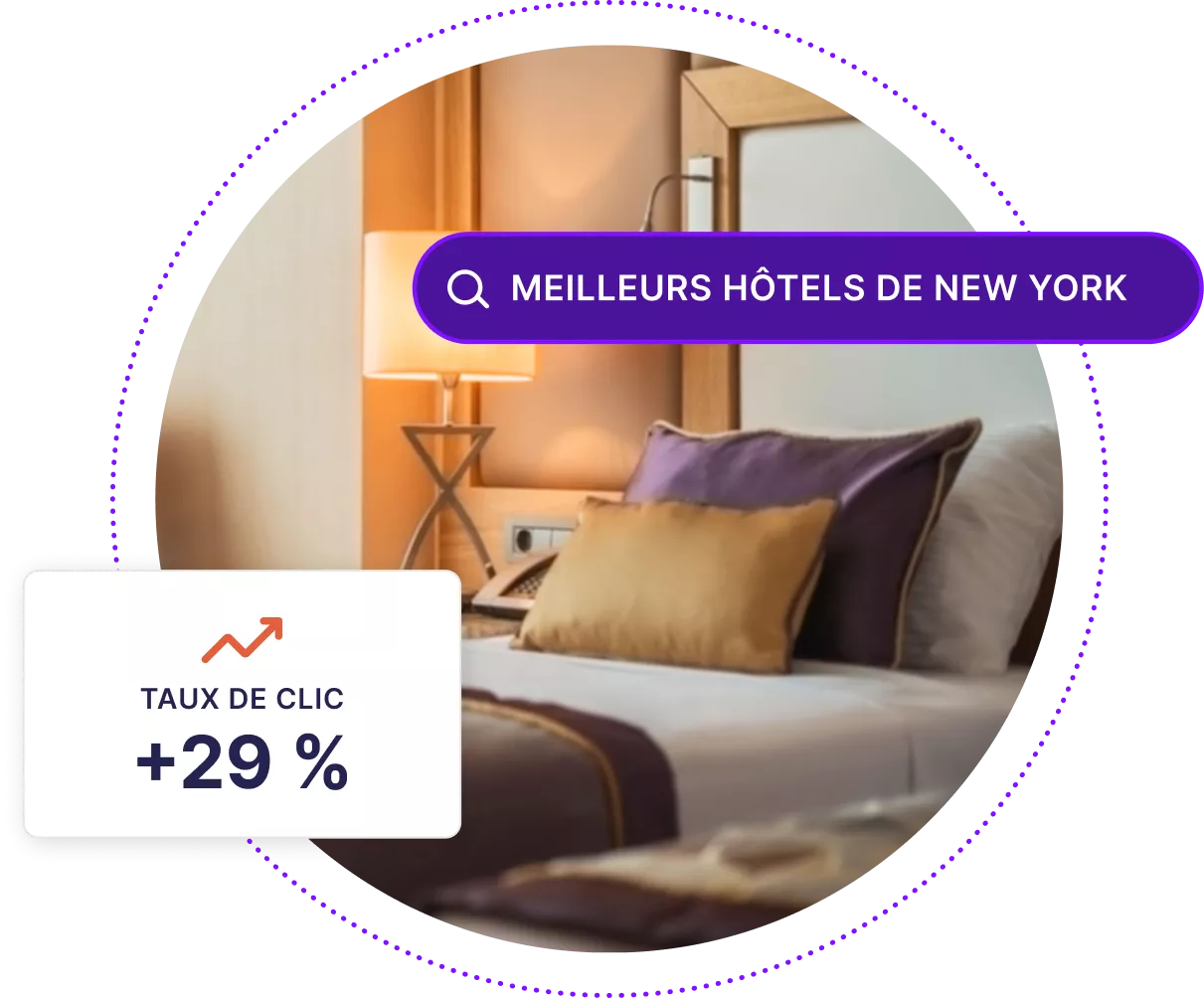 Intérieur de la chambre d'hôtel avec des cases indiquant l'augmentation du taux de clics et une barre de recherche Web pour les meilleurs hôtels de New York