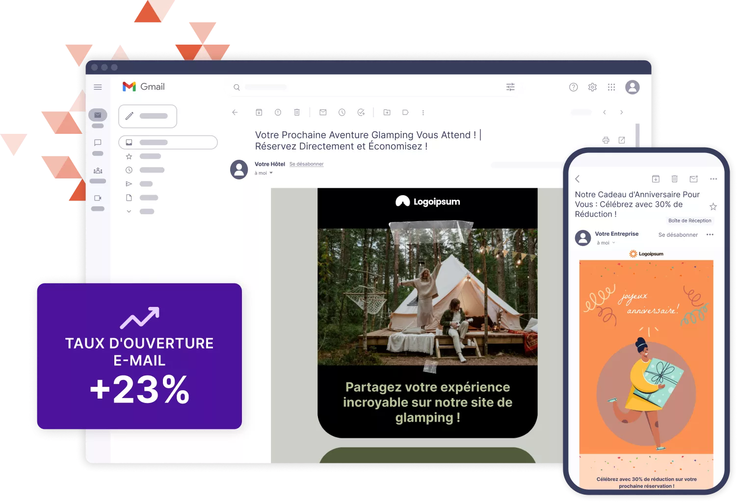 Maquette d'un navigateur Web et d'un appareil mobile avec des modèles de courrier électronique