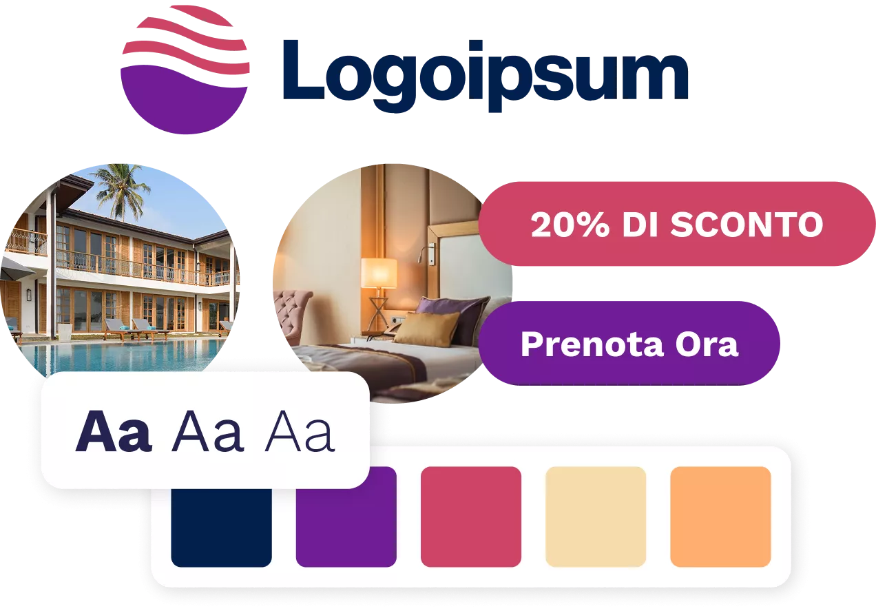 Kit di identità del marchio, che include logo di esempio, campioni di colore, foto e caratteri