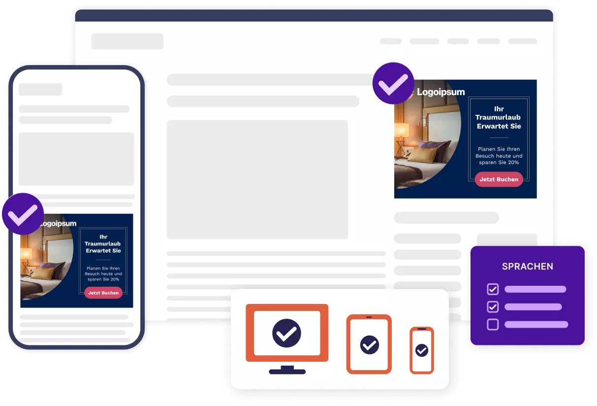 Modell von Hotel-Display-Anzeigen auf Handy und Desktop mit Checklisten vor dem Start