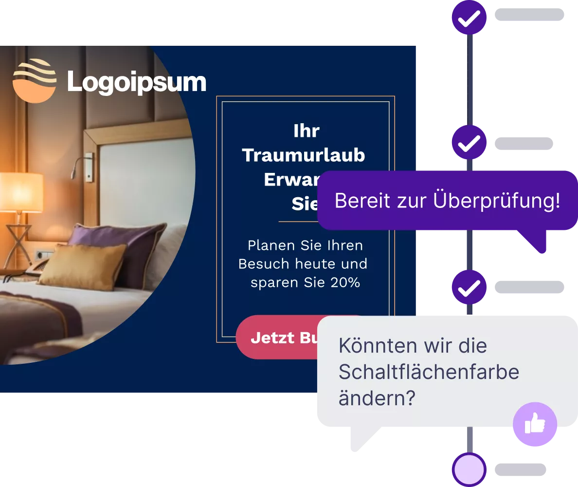 Hotel-Display-Anzeige mit Zeitleiste, die den Überprüfungs- und Überarbeitungsprozess anzeigt