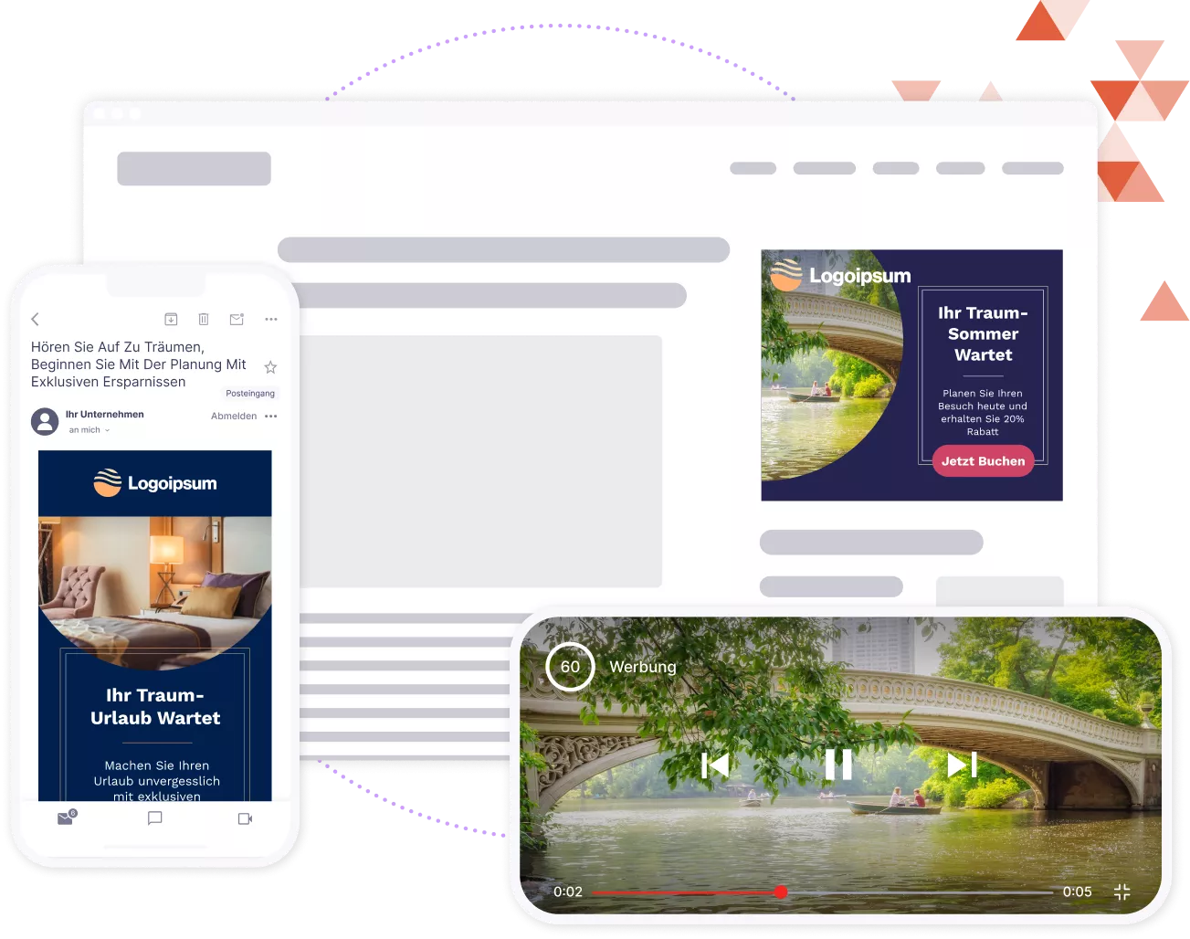 Mockups von Webbrowsern und Mobilgeräten, auf denen Display/Banner-, Video- und E-Mail-Anzeigen angezeigt werden