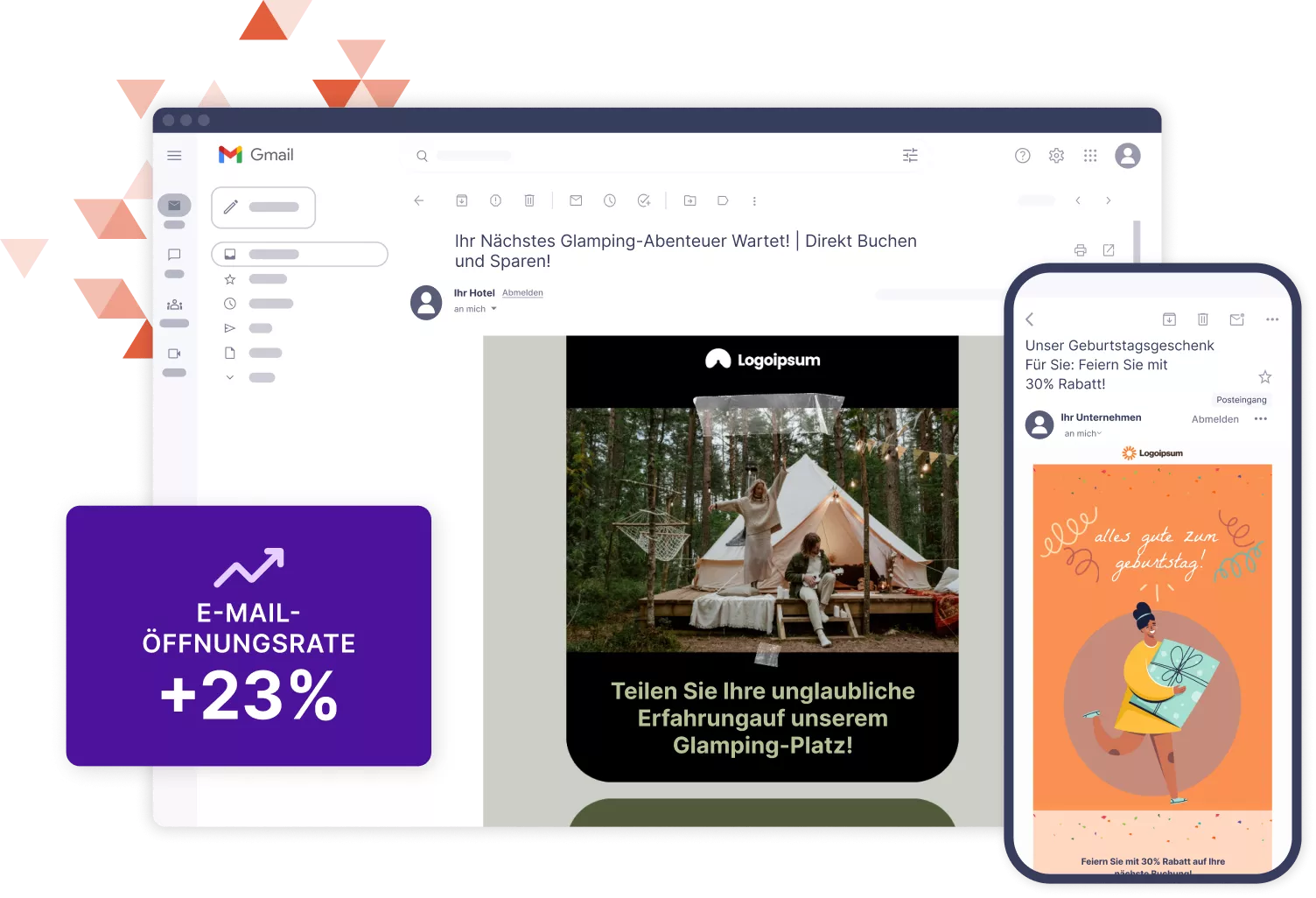 Modell von Webbrowser und Mobilgerät mit E-Mail-Vorlagen