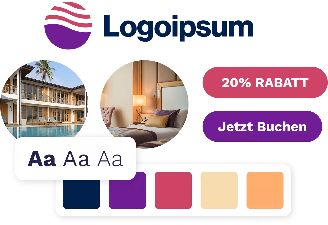 Kit zur Markenidentität, einschließlich Musterlogo, Farbmustern, Fotos und Schriften