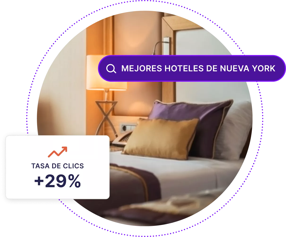 Interior de la habitación de hotel con casillas que muestran mayor tasa de clics y barra de búsqueda web para los mejores hoteles de Nueva York