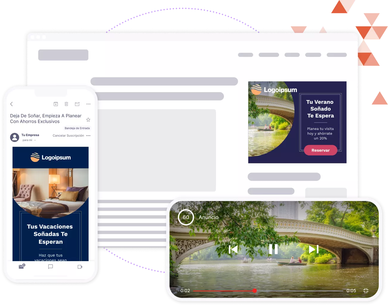 maquetas de navegador web y dispositivos móviles que muestran anuncios de display, video y correo electrónico