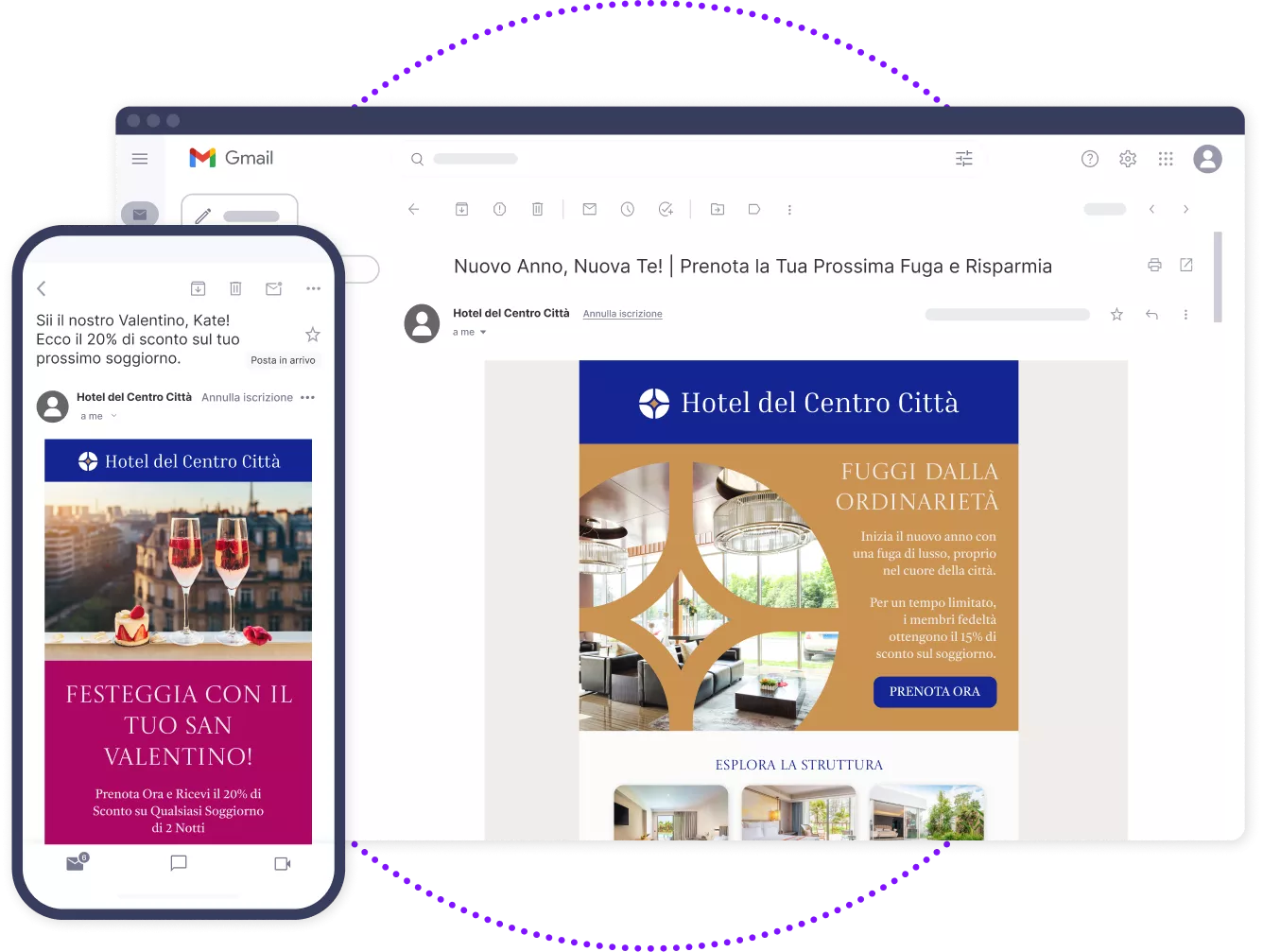 Prototipi di email di fidelizzazione telefoniche e desktop inviate da hotel