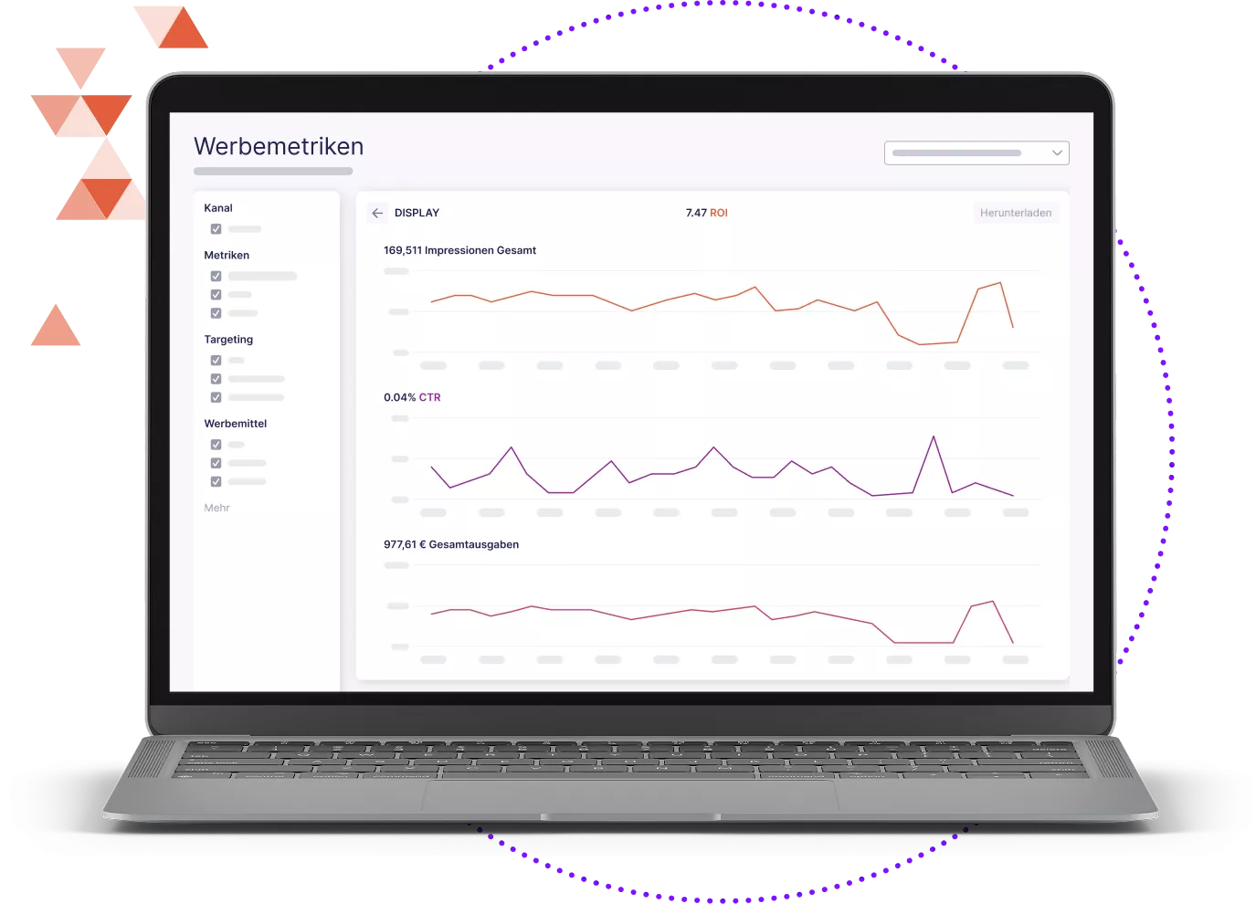 Laptop-Modell, das das Übersicht der Sojern Travel Marketing Platform zeigt
