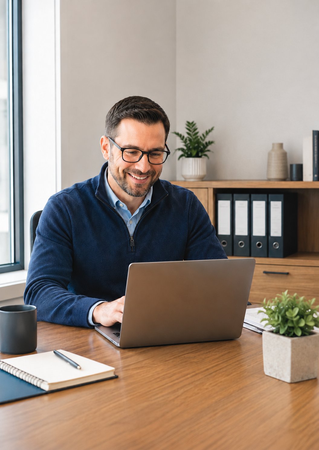 Certified Association Manager reviewing lease tracking data at his workspace
